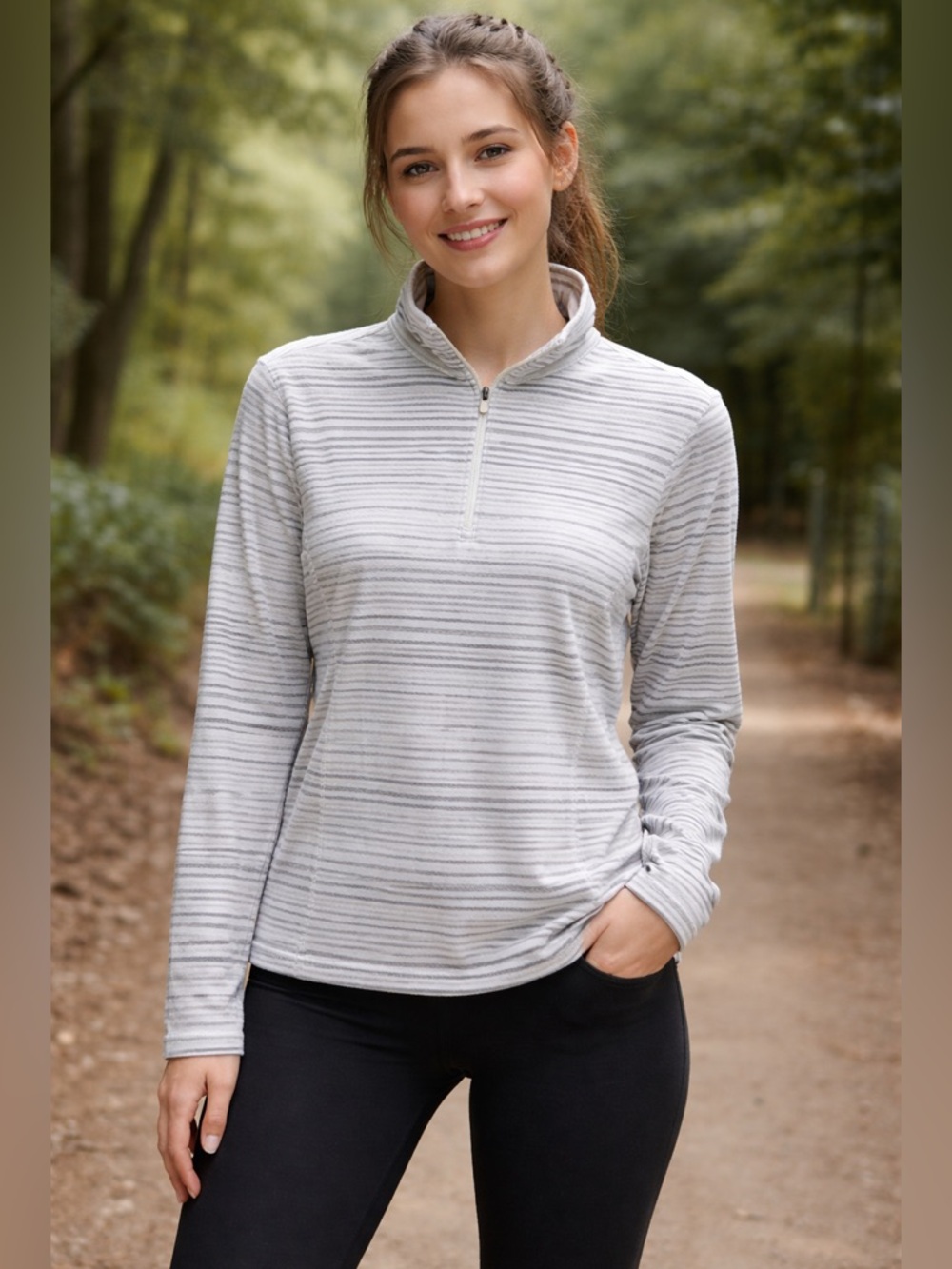 Eddie Bauer Fleece Pullover Womens S Grey Striped Good Quarter Zip Mock Neck